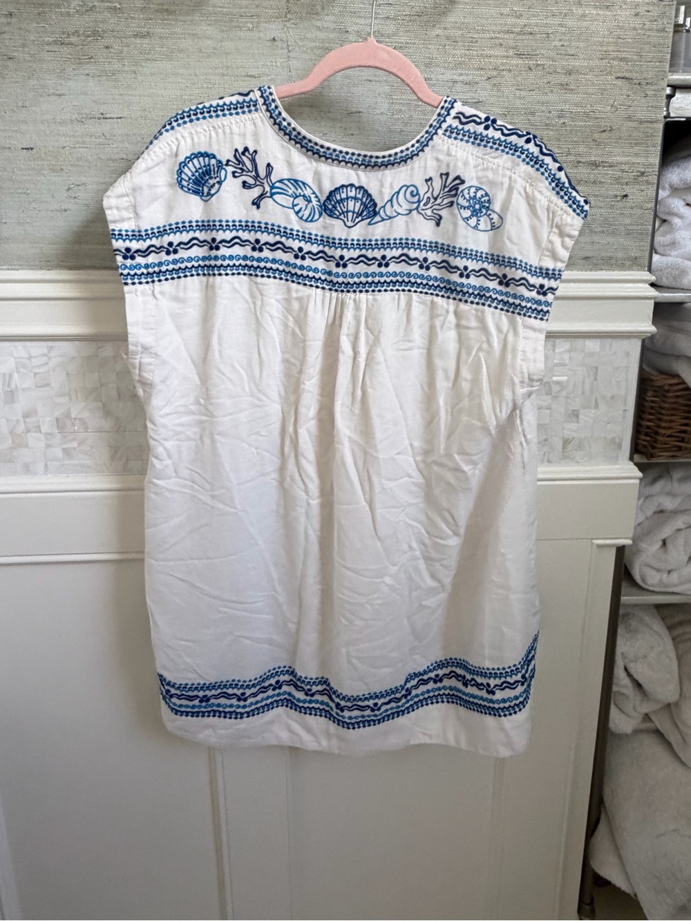 Anthropologie Maeve linen embroidered tunic dress medium white blue beach shells - Picture 11 of 17